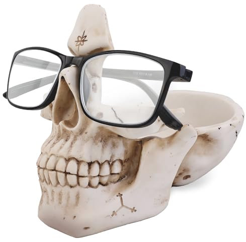 VIPbuy Schädel Brillenhalter Stand mit Storage Tray, Neuheit Brillenhalter Rack für Nachttisch, Harz Schädel Kopf Skulptur Statue Home Office Desk Decor Geschenk (Weiß)
