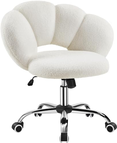 Yaheetech Boucle Upholstered Desk Chair Makeup Vanity Chair with Wheels Cloud-shaped Accent Chair Swivel Home Office Chair with Adjustable Height for Living Room, Bedroom Women White