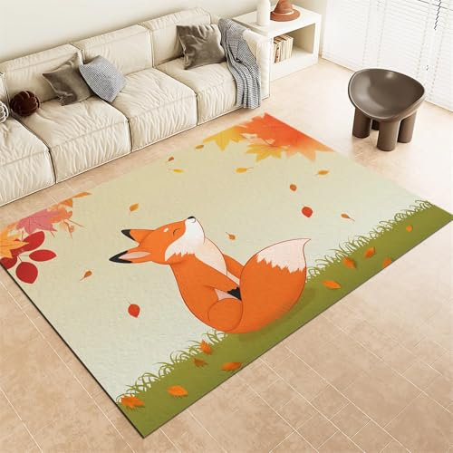 Srigzcaly Superweicher Teppich kinderzimmer 80x150cm Cartoon Tier Fuchs Blatt Antirutsch Teppich Schlafzimmer-Rechteckteppich, Gelb Wohnzimmer-Teppich Balkon-Bodenmatte kinderteppich