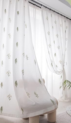 Beydodo Gardinen für Schienensystem, Vorhänge Weiß 2er Set Haken Nordisch mit Grün Blätter Motiv 102x160CM Gardinenschals Leinen Halbtransparent für Wohnzimmer Schlafzimmer Küche