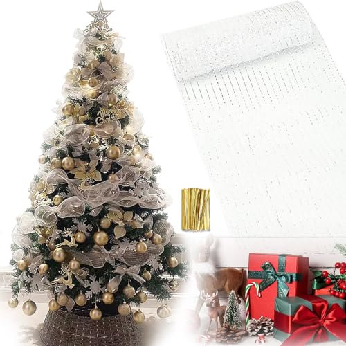Guirlande Tinsel Brillante pour Arbre de Noël - Décoration de Noël en Maille 26 Cm X 9,14 M (Blanc, Argent)