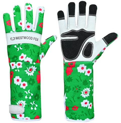 WESTWOOD FOX Leather Gardening Gloves Long Forearm Protection Sleeves Thorn Proof Work Gloves Rose Pruning Garden Safety Breathable Durable Thick Palm Gauntlet Gift for Men and Women (Green, S)