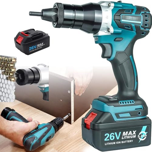 Remachadora Inalámbrica De 5,2 Ah + 7 Tuercas (M3-M12), Remachadora Eléctrica Automática, Automática/Manual, Dos Modos, Un Botón Hacia Adelante Y Hacia Atrás