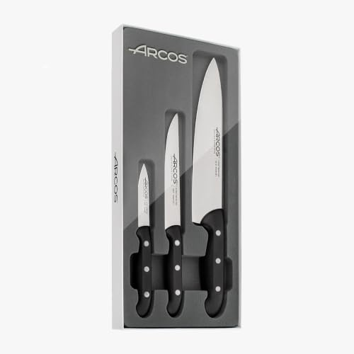 Arcos Serie Maitre - Set de Cuchillos de Cocina 3 piezas (Mondador + Cocina + Chef) - Hoja de Acero Inoxidable NITRUM - Mango de Polipropileno Color Negro