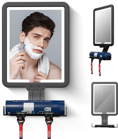 Junyaoxuan Heated Anti-Fog Shower Shaving Mirror,9.5 * 8 Inch LED Shower Mirror Fogless for Shaving with 3 Color Modes Storage Tray and Razor Holder