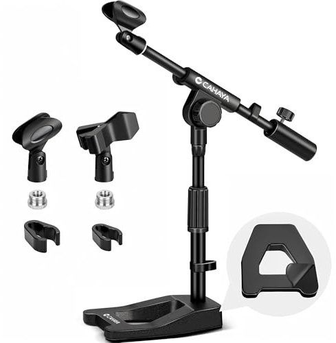 CAHAYA Mic Stand Desk Adjustable - Boom Arm Desktop Microphone Stand Metal Weighted Base A-frame Table Mic Mount with 2 Mic Clips 3/8 to 5/8 Screw Adapter Mic Mount for Singing Stage Performance