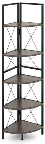 GIANTEX Hörnhylla med 5 nivåer, 160 cm, hörnbokhylla med X-metallram, justerbara ben, anti-lutningsanordning, hörnförvaringshylla, stativ (grå)