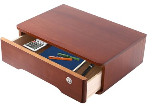 RjcdOPL Scatola portaoggetti con cassetto bloccabile, organizer da scrivania in legno, L 40 x P28 x A 12 cm (noce)