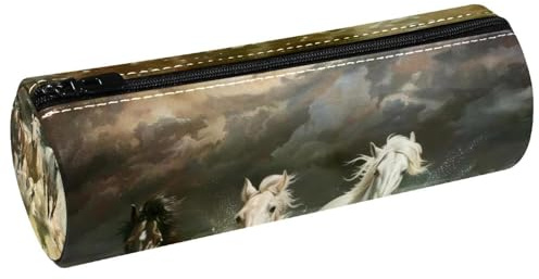 VAPOKF Trousse à crayons en cuir synthétique avec imprimé cheval au galop dans la mer, trousse de maquillage pour femmes, filles, garçons, enfants, fournitures scolaires et de bureau, multicolore