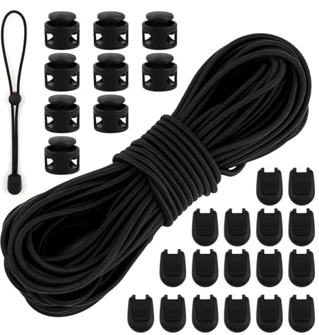 Elastische Gummischnur, Rund Gummiseil 3 mm x 15 m | Gummiband Schwarz mit 20 Stück Kordelstopper 2 Loch, 40 Stück Kordelendschloss, Bungee cord für Rucksack Bekleid Wäscheleinen