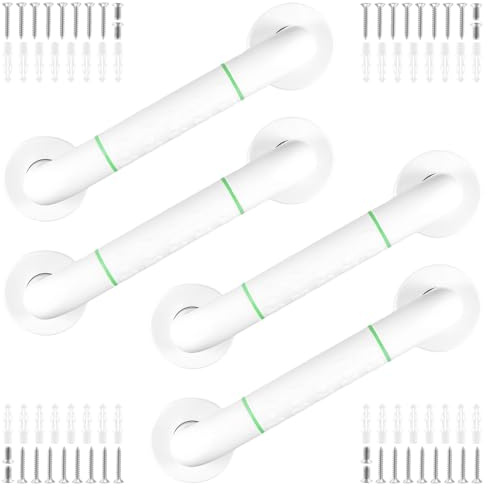 PINGEUI 4 Pack 30cm White Grab Handles, Shower Hand Rail with Stainless Steel Core and Anti-Slip Grip, Bath Handle with Luminous Ring for Elderly