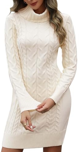 PASUDA Robe Pull Femme Hiver Robe Chic et Elegant à Col Haut Tricoté Mi-Longue Robes Chaud à Manches Longues Elástique Pull Femme Slim Fit Couleur Unie Doux Automne Hiver (Abricot, XL)