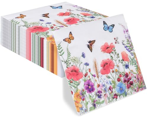 Komoke Servietten Blumen - 60 Stück Wildblumen Servietten mit 4 Schmetterlingen im Blütentanz - Sommer Servietten für Hochzeit, Taufe, Geburtstag - 33x33cm - Elegante Tischdeko Sommerparty