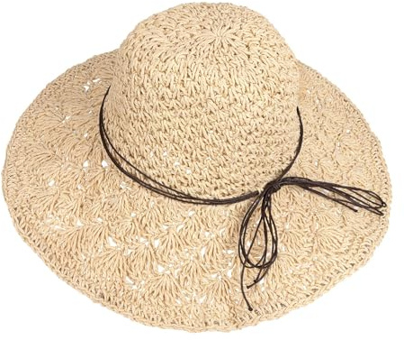 Jesustree Chapeau de Paille Femmes Pliable Bohême Été Femmes Chapeau de Plage Bord Doux Respirant Grande Largeur Cap pour Voyage Vacances (Beige), Beige, 54/56 cm