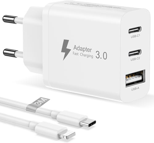 Chargeur 30W avec Cable USBC Lightning 3M pour iPhone 14/13/13 Pro Max/12/12 Mini/11/XS/XS Max/XR/SE/8 Plus/iPad, 3 Ports Chargeur Multi USB Charger Prise USB C Charge Rapide Adaptateur Secteur USB C
