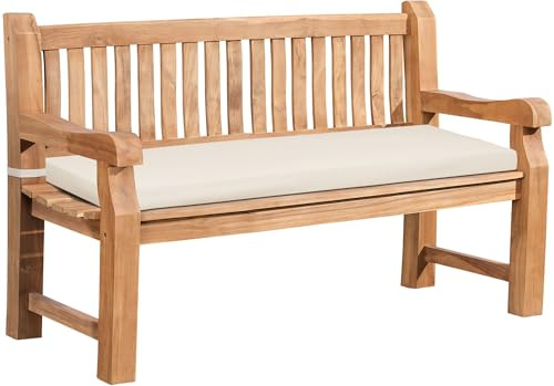 CLP Gartenbank wetterfest Jackson mit Sitzkissen Teakholz Bank mit Rückenlehne 2 bis 3 Sitzer robust und pflegeleicht Holzbank für Terrasse, Farbe:Creme, Größe:136x48x8 cm