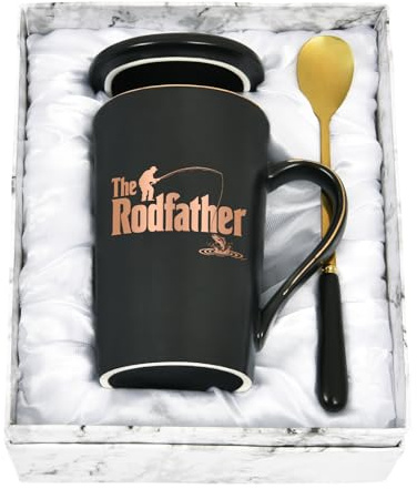 Joymaking Fishing Gifts for Men Coffee Mug - The Rodfather - Funny Gift for Men Fishing Mug Mens Novelty Gifts for him Birthday Gift, 14Oz Black
