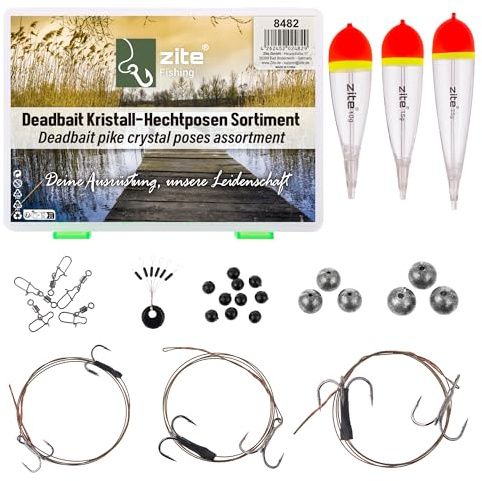 Zite Fishing Deadbait Kristall-Hechtposen Set | Raunfischposen 10–25 g | Fertige Doppel-Drilling Montagen auf Stahlvorfach | Kugelbleie Stopper Perlen inklusive | Köderfisch-Posen für Hecht