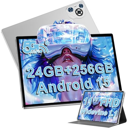 Tablet 11 Pollici Android 15 con 24GB RAM +256GB ROM (TF 1TB), Face ID, Widevine L1, Octa-Core 2.0 GHz, 5G WiFi 6, GPS, 8000mAh, HD 1280 x 800, Bluetooth 5.0, 13MP+5MP, Tablet con Custodia - Argento