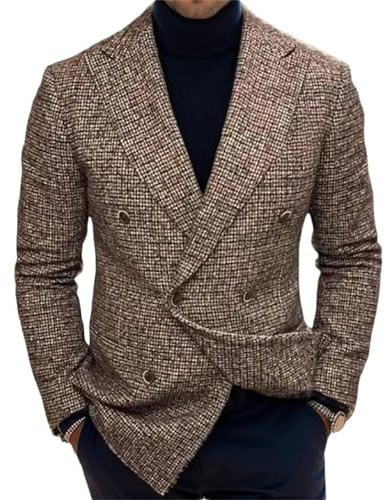 Feclmiyt Mens Retro Herringbone Suit Jackets Fashion Long Sleeve V-Neck Two Button-Down Tweed Blazer Jacket Prom Business Blazer Clubwear (A-02, S)