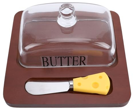 Yanmis Récipient à Beurre, Beurrier en Bois avec Couvercle en Verre Transparent, Outil de cut à Fond Plat Facile à Nettoyer pour Comptoir et étagère de Porte de (7.7x7.5x3.3inch)