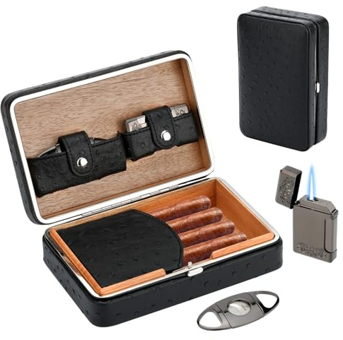 PIPITA Cave à cigares de voyage en cuir doublé de bois de cèdre, capacité de 6 cigares, hygromètre et humidificateur intégrés, trousse de voyage portable (sans cigares), Noir 112, M, Classique