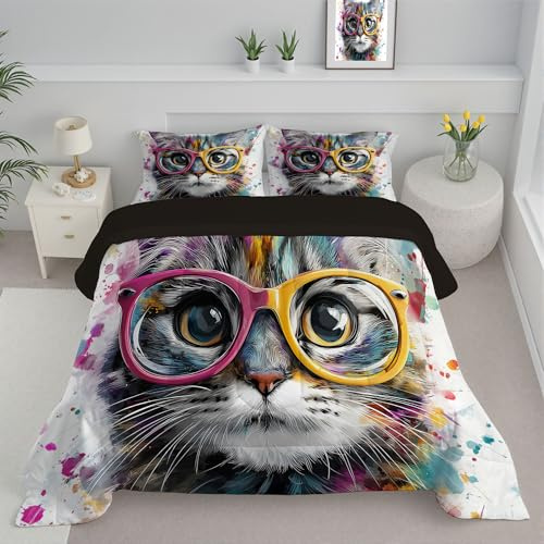 ANALTIRCE Trapunta Letto Singolo 4 Stagioni Piumone per Bambini, Occhiali Da Sole Gatto Leggero Cartoni Animati Animali Set di Biancheria da Letto 140x200cm con 1 Federe,Piumino Lavabile In Lavatrice