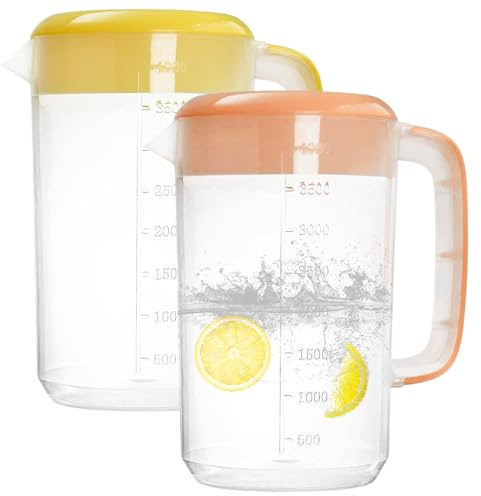 2 jarras con tapa, jarra de plástico de 4 l/1 galón, asas de cubierta de colador y medidas, jarra de agua transparente para limonada, té helado, cerveza fría (rosa+amarillo)