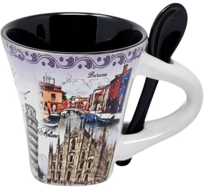 CUCUBA Ceramic Coffee Cup with Integrated Black Spoon Artistic Design Main Cities and Italian Monuments Milan Rome Venice Verona Pisa 120 ml Washable