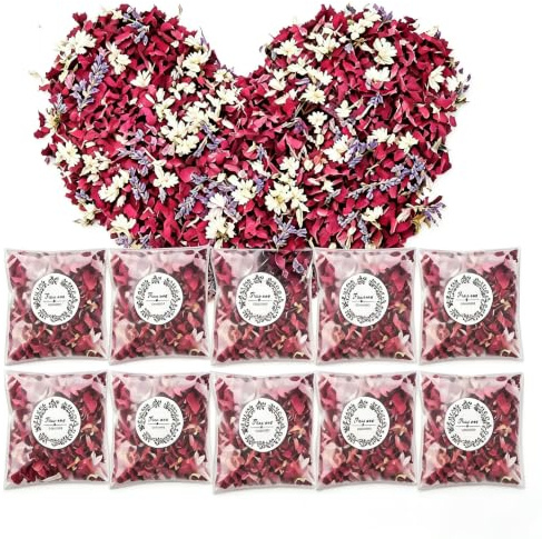 Hurifeng 100g Natürliches Hochzeitskonfetti, Biologisch Abbaubare Mischung aus roten Rosen, weißen Chrysanthemen und Lavender, für Hochzeits- und Partydekoration (Rot, Weiß, Violett)