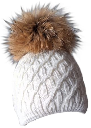 MERRYLAND Mütze Echtfellbommel Pudelmütze ECHTFELL Bommelmütze Hat Real Fur Pompom Beanie Fellbommel Echt Fell Strickmütze Bommel Pelzbommel Waschbär Raccoon Pelz