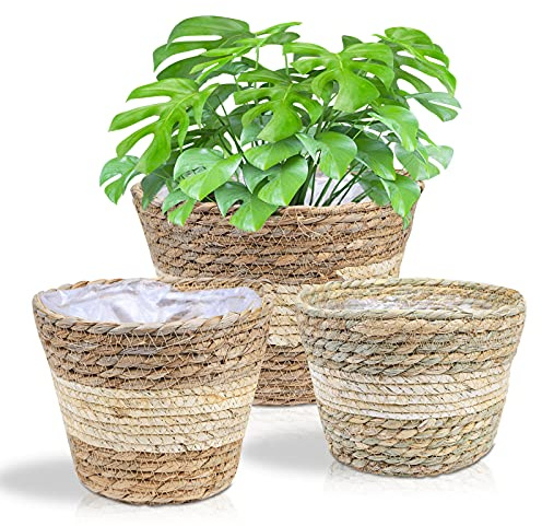 JNRFTY 3er Set Pflanzkorb Blumenkorb Geflochten,altbarer Seegras-Korb,Handgewebter Übertöpfe Blumentopf Pflanzkorb Beige
