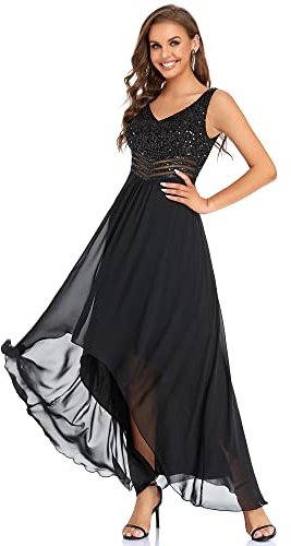 Ever-Pretty Vestiti da Sera e Cerimonia Orlo Asimmetrico Chiffon Taglie Forti Abiti da Cerimonia con Paillettes Donna Nero 52