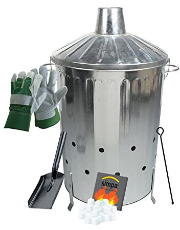 simpa Garden Waste Burning Kit: 90L Incinerator, Firelighters, Poker, Shover & Rigger Gloves Set