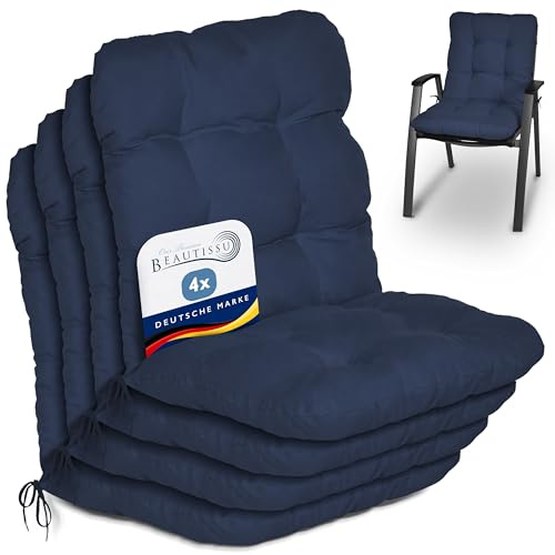 Beautissu 4er Set Niedriglehner Auflagen Stuhlauflage Stuhlkissen | 100x50x8cm Dunkelblau Sitzkissen Niederlehner Sitzauflagen Gartenstühle Auflage Gartenstuhl Polster Flair NL