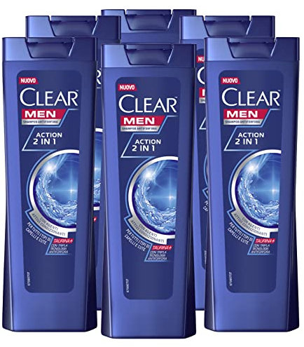 6x Clear Men Action 2in1 Shampoo Antiforfora per Tutti i Tipi di Capelli e Cute Adatto ad un Uso Frequente - 6 Flaconi da 225ml