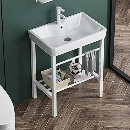 Bianco Lavatoio Lavabo in ceramica Lavello per Esterno e Interno Mobile Lavandino con piedistallo Supporto in Acciaio Inossidabile for ristoranti,bagni,Garage,Magazzini,il Bagno e Toilette ( Size : 48