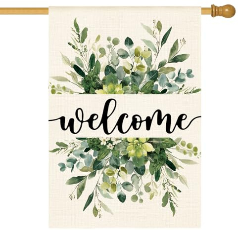 AVOIN colorlife Spring Summer Floral Welcome House Flag 28x40 Inch Double Sided Outside, Eucalyptus Seasonal Farmhouse Yard Outdoor Flag
