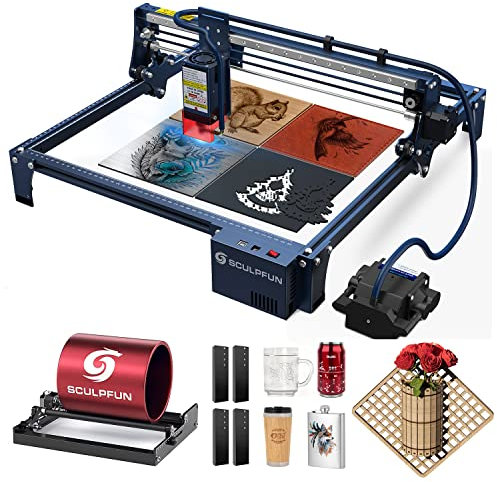 SCULPFUN S30 Pro Max Laser Engraving Machine with Laser Rotary Roller and Automatic Air Assist, 20W Optical Power CNC Laser Engraver and Laser Cutter, High Precision for Wood Metal Glass Acrylic