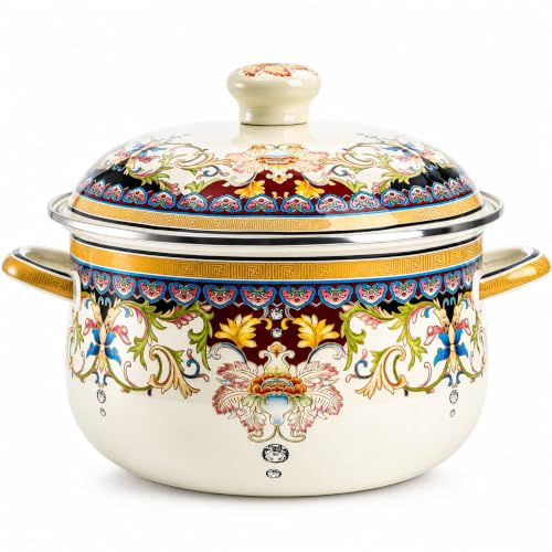ZENFUN Küche Emaille Suppentopf mit Deckel, 3,5 Quart Retro Blumen Eintopf Bohnen Kochtopf Vintage Dicker Suppentopf mit Griffen, Antihaftbeschichtung, Sicher für Induktion Herd Gaskocher