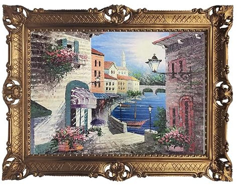 Wunderschönes Gemälde 90x70 cm Bild Bilder Barock Antik Repro Altes Gasthaus am Meer – R. De La Lune 58B