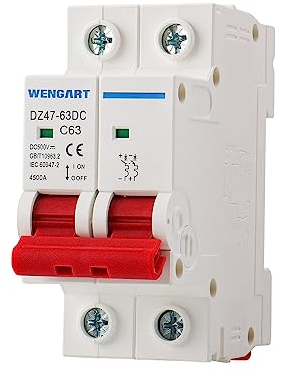 Wengart Disjoncteur DC DZ47-63Z,interrupteur de coupure DC,63A 500V 2 pôles,montage sur rail DIN,pour batteries et systèmes solaires photovoltaïques et autres systèmes à courant continu