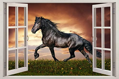 Wall Decal Art Decor 3D Smashed Noble Black Horse 3D Window View Decal Wall Sticker DIY Decor Art Mural 55x80cm