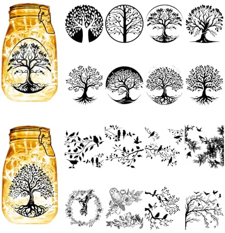 CREATCABIN 16Pcs Tree of Life Silhouettes Mason Jar Decor Birds Lantern Laser Cutouts Ornaments Scrapbook Embellishment for Frosted Glass Wall Windows Cars DIY Craft Xmas Black 3.9x3.5Inch(No Sticker)