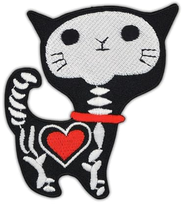 Katze Skelett Herz Aufnäher zum aufbügeln oder aufnähen Bügelbild Aufbügler für Kleidung gestickter Bügelpatch Applikation Patch Größe 6,9 x 8,2 cm