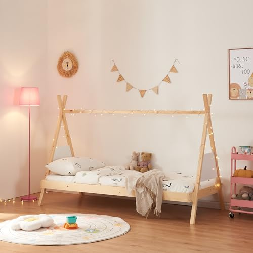 [en.casa] Kinderbett Siikajoki Tipi Bett Jugendbett Zelt Kleinkindbett Bettgestell aus Kiefernholz Abenteuerbett Bettenhaus 90x200cm Natur