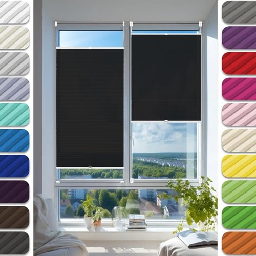 Faltrollo, Sichtschutz Plissee Klemmfix Rollos 65 x 85 cm, Sonnenschutz Easyfix lichtdurchlässig, Plissee Klemmfix Rollo Plissees, Plisseerollo Sichtschutz, für Fenster & Tür, Schwarz