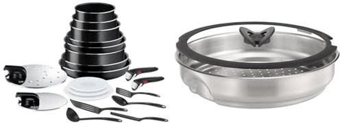 Tefal Ingenio Easy ON Non-Stick 20 piece Pan Set, 22&24&26&28 cm Frying Pans, 16&18&20 cm Saucepans & Ingenio Stainless Steel Steamer with Glass Lid