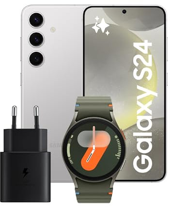 Samsung Galaxy S24 Smartphone AI, Caricatore incluso, Display 6.2'' FHD+, Fotocamera 50MP, RAM 8GB, 128GB, Marble Gray + Galaxy Watch7 40mm BT Smartwatch Fitness Tracker, Green 2024