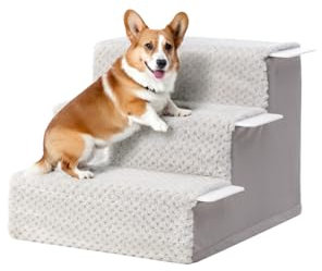 KSIIA Hundetreppe für Kleine Hunde 33cm Hoch, Haustiertreppe mit Abnehmbarem Waschbarem Bezug, Katzentreppe für Alte Katzen Hunde, Rutschfestem Hunderampe Hundetreppe für Bett Sofa, Grau